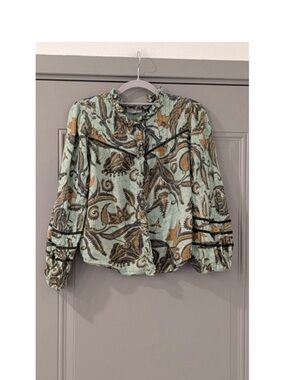 Women’s Paisley Ruffle Neck Blouse in Mint and Brown